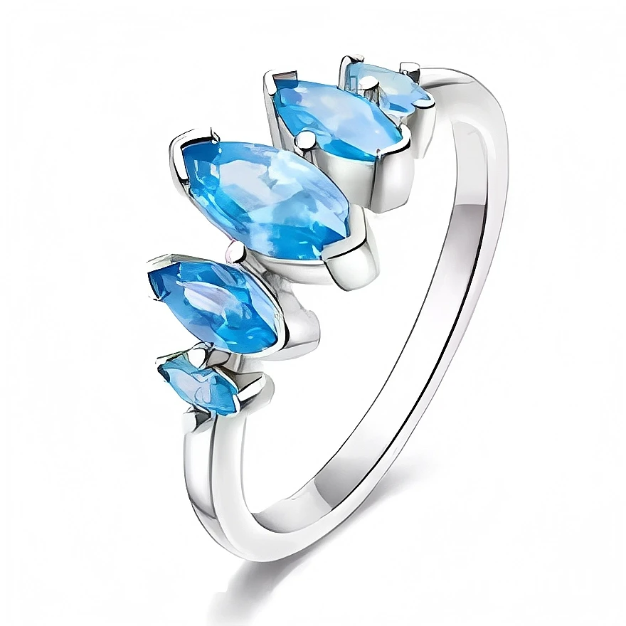 Cette bague en métal argenté fin forme une vague délicatement courbée, sertie de cinq pierres marquise bleu océan qui semblent flotter le long du doigt. Les cristaux, de tailles dégradées, captent la lumière à chaque mouvement pour un effet étincelant et très lumineux.

Caractéristiques :

-Matière : Métal argenté poli avec cristaux synthétiques bleus taille marquise.
-Design : Anneau fin légèrement ouvert sur le dessus, serti d’une ligne de cinq pierres décalées qui dessinent une vague brillante.
-Coloris 