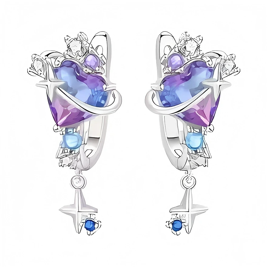 Ces boucles d’oreilles créoles en métal argenté sont ornées d’un grand cœur facetté dégradé bleu-violet, entouré d’un anneau lisse qui évoque l’orbite d’une planète et ponctué de petites étoiles métalliques. Autour du cœur, des cristaux incolores et des pierres bleu clair ajoutent de la lumière, tandis qu’une étoile pendante sertie d’un petit cristal bleu intense apporte un joli mouvement au bas de chaque boucle.

Caractéristiques :

-Matière : Métal argenté avec cristaux transparents et pierres synthétique