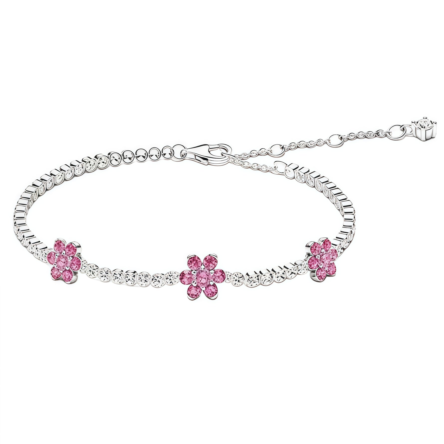 Apporte une touche de douceur et de délicatesse à ton poignet avec ce bracelet orné d’une petite fleur rose en strass. Son design fin et scintillant lui donne un charme romantique et raffiné, parfait pour illuminer une tenue avec subtilité. À la fois féminin, tendre et élégant, c’est un bijou facile à porter au quotidien comme pour une occasion spéciale.

Caractéristiques :

- Matière : Argent 925.
- Design : Petite fleur rose sertie de strass, finition brillante.
- Dimensions : Taille délicate et confortab