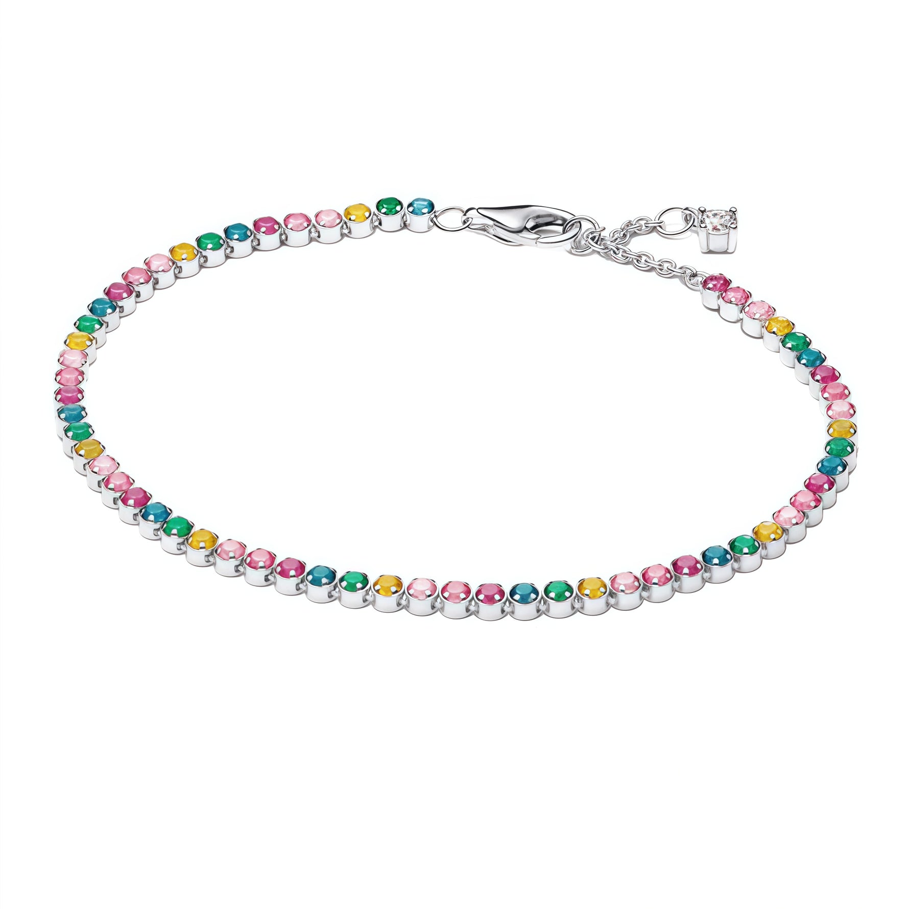 Apporte une touche de lumière et de fantaisie à ton poignet avec ce bracelet délicat orné de strass multicolores. Son éclat raffiné capte la lumière à chaque mouvement et crée un effet à la fois joyeux, élégant et tendance. Facile à porter au quotidien, il ajoute instantanément de la couleur et du charme à toutes tes tenues.

Caractéristiques :

- Matière : Argent 925.
- Design : Bracelet fin serti de strass multicolores, finition brillante.
- Dimensions : Taille ajustable pour un porté confortable.
- Style
