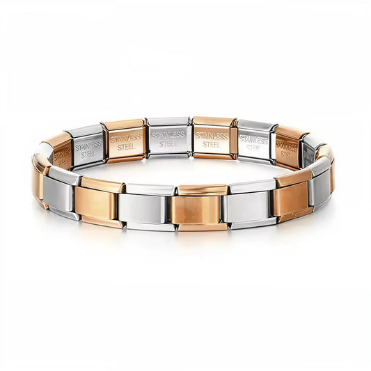 Ce bracelet à charms italien bicolore, composé de 17 maillons en alternance argent et bronze (1 sur 2), est conçu en acier inoxydable de haute qualité, offrant confort, durabilité et élégance. Entièrement réglable, il s’adapte à toutes les tailles de poignet grâce à son système extensible et ajustable. Personnalisable à volonté, vous pouvez y ajouter ou retirer des charms pour créer un bijou unique. L’association raffinée de l’argent lumineux et du bronze chaleureux apporte un style vintage et sophistiqué. 
