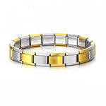 Ce bracelet à charms italien bicolore, composé de 17 maillons en alternance or et argent (1 sur 2), est fabriqué en acier inoxydable de haute qualité, alliant confort, durabilité et élégance. Entièrement réglable, il s’adapte facilement à toutes les tailles de poignet grâce à son système extensible et ajustable. Personnalisable à volonté, vous pouvez ajouter ou retirer des charms pour créer un bijou unique. Son motif alterné or/argent offre un look moderne et équilibré, parfait pour celles et ceux qui aimen