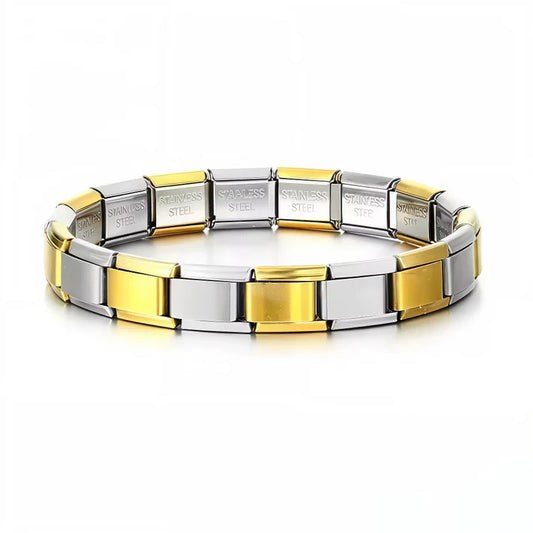 Ce bracelet à charms italien bicolore, composé de 17 maillons en alternance or et argent (1 sur 2), est fabriqué en acier inoxydable de haute qualité, alliant confort, durabilité et élégance. Entièrement réglable, il s’adapte facilement à toutes les tailles de poignet grâce à son système extensible et ajustable. Personnalisable à volonté, vous pouvez ajouter ou retirer des charms pour créer un bijou unique. Son motif alterné or/argent offre un look moderne et équilibré, parfait pour celles et ceux qui aimen