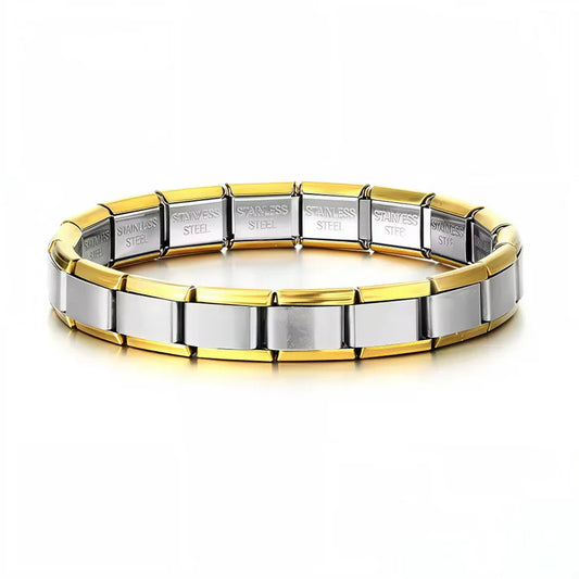 Ce bracelet à charms italien bicolore, avec un intérieur argenté et un contour doré, est composé de 17 maillons en acier inoxydable de haute qualité, alliant confort, solidité et élégance. Entièrement réglable, il s’adapte à toutes les tailles de poignet grâce à son système extensible et ajustable. Vous pouvez ajouter ou retirer des charms à volonté pour créer un bijou unique et personnalisé. Son design contrasté mêle l’éclat de l’argent à la chaleur de l’or, pour un style sophistiqué et intemporel. Compati