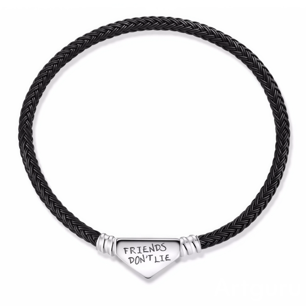 Ce bracelet rigide en cordon tressé noir est fermé par un fermoir triangulaire en argent où est gravée l’inscription “FRIENDS DON’T LIE”, pour un message d’amitié fort et discret au poignet.

Caractéristiques :

Matière : Cordon tressé noir aspect cuir et fermoir en argent 925 (forme triangle lisse avec gravure noire).
Finition : Trois anneaux métalliques décoratifs encadrent le fermoir pour un rendu moderne et épuré.
Tailles : Disponible du 16 au 21 cm, idéal pour s’adapter aussi bien aux poignets fins qu’