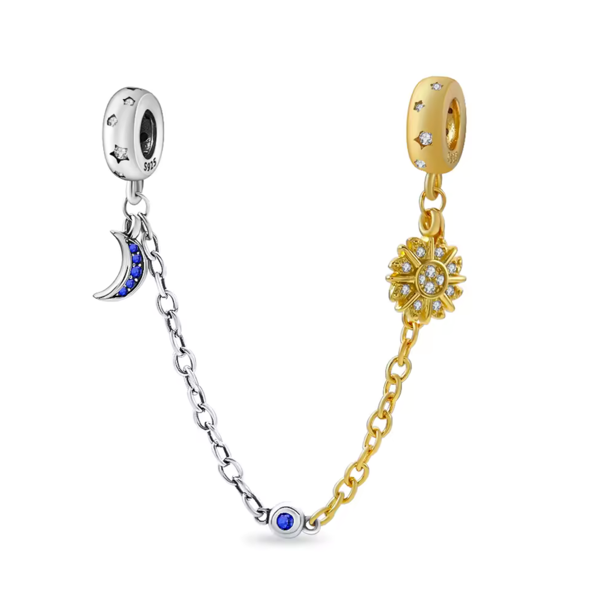 Apportez une touche céleste et équilibrée à votre bracelet avec cette magnifique chaîne de sécurité ornée du soleil et de la lune. Fabriquée en argent 925 et dorée avec soin, cette chaîne met en valeur un soleil radieux et une lune élégante, représentant l'harmonie entre le jour et la nuit, la lumière et l'obscurité. Le contraste entre le doré et l'argenté crée une beauté lumineuse et intemporelle.

En plus d’ajouter une touche mystique et pleine de symbolisme à votre bijou, cette chaîne de sécurité protège