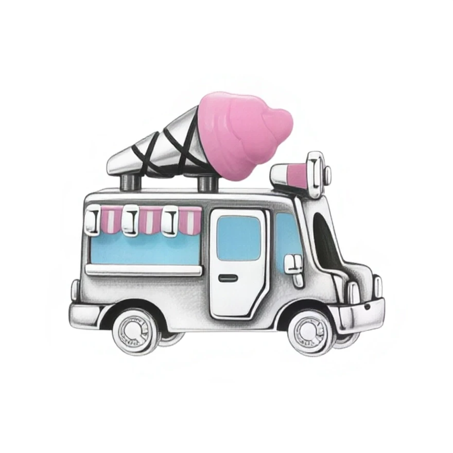 Ce charm en métal argenté représente un petit camion de glace façon food truck, dont la carrosserie est émaillée de bleu clair avec une porte et des fenêtres blanches et argentées. Sur le toit, un immense cornet de glace rose attire le regard, assorti au store rayé rose et blanc au-dessus du comptoir latéral.

Caractéristiques :
Matière : Métal argenté avec émail coloré bleu et rose.
Design : Camion de glace détaillé avec roues, vitrages, rétroviseur et cornet géant sur le toit.
Coloris : Argent brillant, b