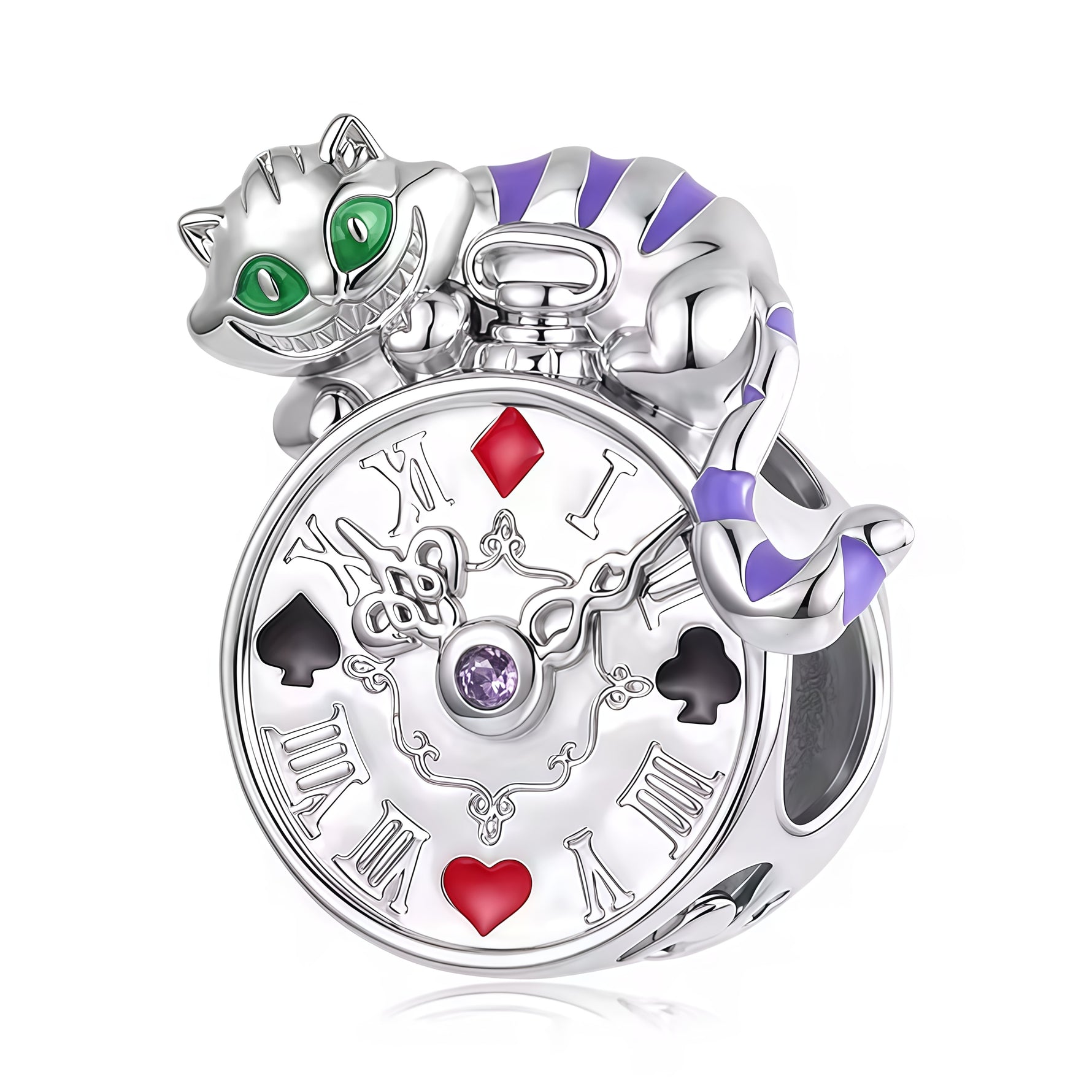 Apporte une touche mystérieuse et féerique à ton bracelet avec ce charm Chat du Cheshire sur horloge. Inspiré de l’univers d’Alice au pays des merveilles, ce bijou en argent 925 met en scène le célèbre chat avec une horloge, symbole du temps, de l’étrangeté et de la magie du conte. Un charm raffiné et original, parfait pour les amoureux des pièces insolites et emblématiques.

Caractéristiques :

- Matière : Argent 925.
- Design : Chat du Cheshire sur horloge avec finitions soignées.
- Dimensions : Taille dé