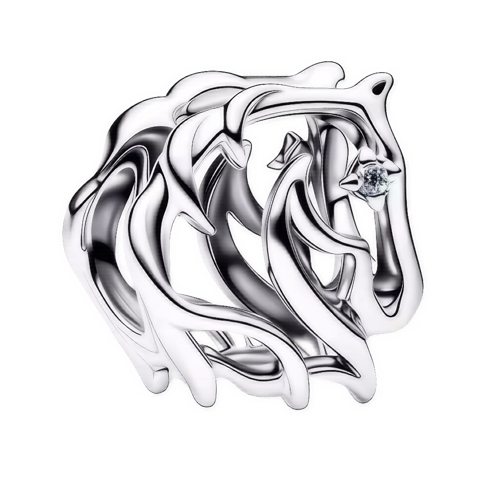 Ce charm élégant dépeint une tête de cheval aux contours fluides et ondulés en argent poli, avec une crinière stylisée en vagues dynamiques évoquant vitesse et grâce galopante. Un cristal brillant ponctue le front comme un œil vif ou une étoile mystique, rehaussant la silhouette abstraite et sculpturale d’une aura de noblesse équine. Symbole de liberté et d’élégance sauvage, il élève tout bracelet avec une vibe équestre raffinée et intemporelle.

Caractéristiques :

Matière : Argent 925 (S925) poli avec oxy