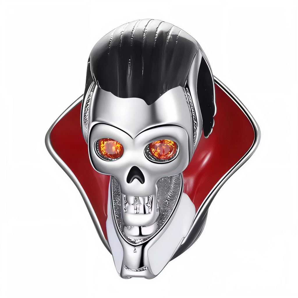 Ce charm revisite Dracula façon skull stylisé: pompadour noir brillant, visage argent poli et regard incandescent grâce à deux pierres orange feu. La cape émaillée rouge crée un contraste dramatique, tandis que les détails des crocs et du col haut renforcent l’allure gothique. Idéal pour un thème horreur chic, rock ou soirée costumée.
