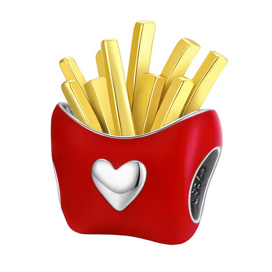 Offrez une touche gourmande et pétillante à votre bracelet avec ce charm original en forme de barquette de frites ! Réalisé en Argent 925 (S925), il affiche une barquette rouge ornée d’un cœur argenté, remplie de frites dorées ultra-réalistes. Ce bijou amusant et coloré est parfait pour les amoureux du fast-food, les fans de bijoux pop ou pour une composition à partager entre amis.