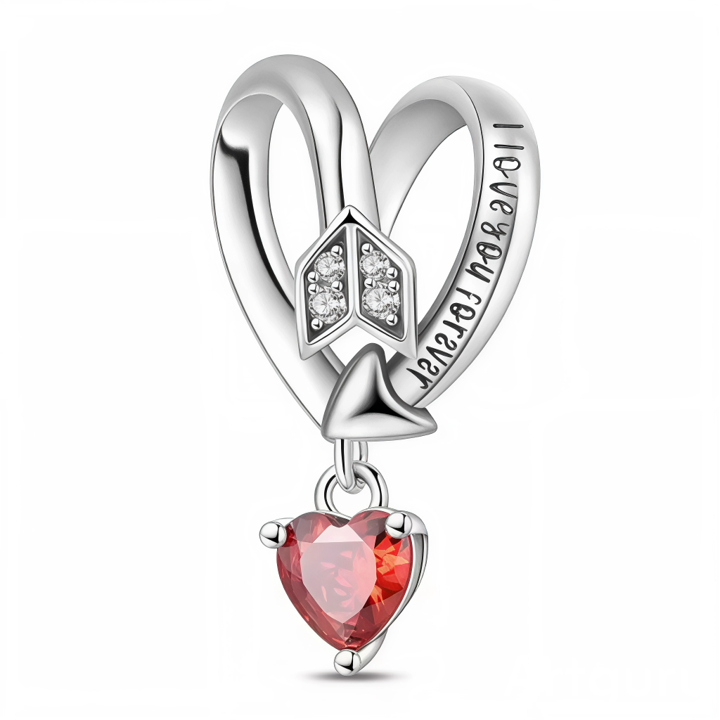 Ce charm pendentif en argent 925 entrelace un cœur infini gravé "LOVE NEVER FAILS" avec une flèche Cupidon double bout, surmonté d'un cœur rouge vif facetté pour célébrer l'amour invincible et éternel. La bélière simple permet une suspension gracieuse et motivante.

Caractéristiques :

Matière : Argent 925 (S925)
Design : Boucle cœur avec texte inspirant, flèches ailées strassées et pendentif gemme rouge, sur anneau lisse.
Style : Inspirant et romantique, parfait pour encourager l'amour durable, cadeaux mot