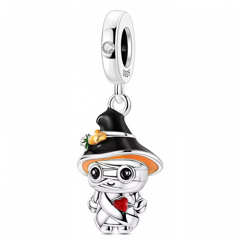 Ce charm original revisite les motifs d’Halloween avec une adorable petite momie stylisée, coiffée d’un large chapeau de magicien noir décoré de citrouilles. Sa tenue argentée aux bandages brillants cache un cœur rouge éclatant, tandis que ses grands yeux apportent une touche espiègle et sympathique. Idéal pour égayer un bracelet d’automne ou compléter une collection de charms à thème, cette pièce affirme une ambiance magique, joyeuse et décalée.

Caractéristiques
Matière : Argent 925, émail noir et orange,
