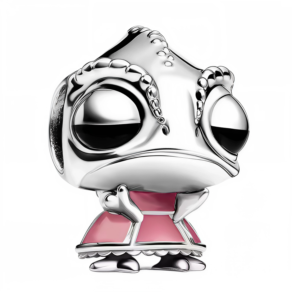 Ce charm incarne Pascal, le caméléon emblématique du film Raiponce (Tangled). Fidèle allié à l’humour piquant, il se présente ici debout, bras croisés, regard attendri, son corps lisse d’argent poli mis en valeur par une robe rose satinée. Parfait pour compléter un ensemble Disney ou pour offrir à tout amoureux de l’univers des Princesses, il rappelle la confiance, la fantaisie et le courage partagés dans les grandes aventures.