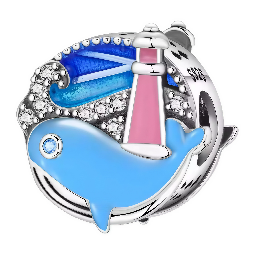 Ce charm côtier serein illustre un phare rose rayé blanc entouré d'ondes bleues écumantes cristallines, accompagné d'un baleineau bleu joyeux à l'œil pétillant. Les reliefs texturés et effets aquatiques capturent horizon apaisant du pendentif (S925). Symbole de guidance sûre et aventures océaniques, il guide les bracelets vers rivages paisibles.

Caractéristiques

Matière : Argent 925 avec émail bleu rose et cristaux blancs bleus.
Design : Phare rayé ondes baleine œil, écume reliefs suspension ronde.
Style 