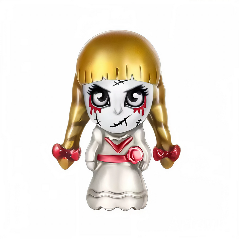 Ce charm gothique captivant dépeint une petite poupée aux cheveux blonds dorés ondulés, visage pâle aux yeux noirs expressifs soulignés de larmes rouges, coutures noires traversant les joues et front. Vêtue d'une robe blanche vaporeuse ceinturée d'un ruban rouge orné d'une rose assortie, avec nœuds rouges sur les épaules, elle se suspend gracieusement. Symbole d'énigmes sombres et charme inquiétant, il intrigue les bracelets d'une aura mystérieuse envoûtante.

Caractéristiques

Matière : Argent 925 avec éma