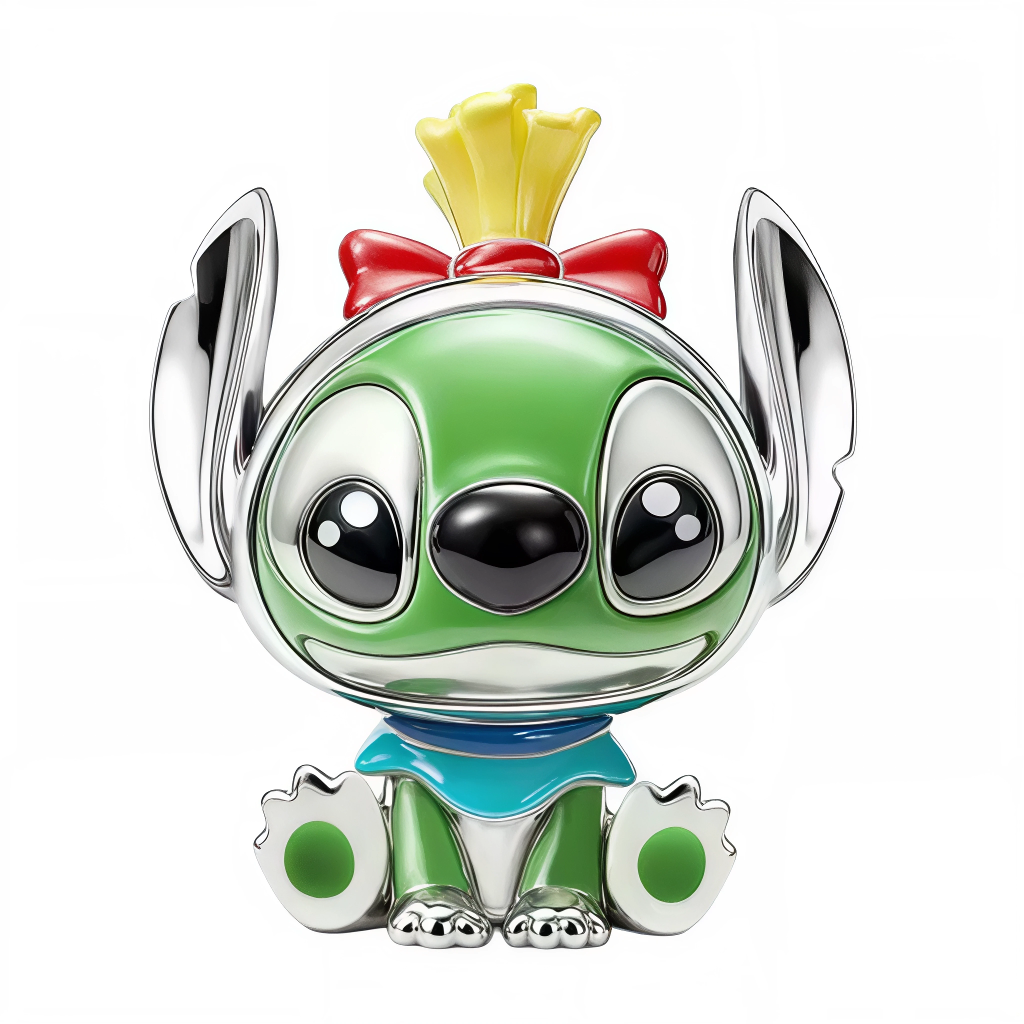 Ce charm met en scène Reuben, le roi des sandwichs, dans une version chibi pleine d’humour: corps vert brillant, grands yeux ronds et truffe noire, affublé d’un nœud rouge et d’un chapeau façon ananas qui accentuent son côté festif. Les oreilles argent polies, les coussinets ronds et la petite cape bleutée ajoutent du relief, tandis que la perle traversante glisse parfaitement sur le bracelet. Idéal pour compléter une équipe d’expériences avec Stitch, Angel ou Sparky et apporter une note exotique.