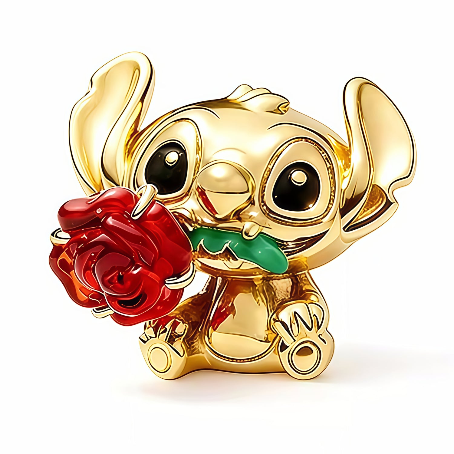 Apporte une touche de tendresse et de magie à ton bracelet avec ce charm en argent sterling 925 représentant Stitch en version dorée, accompagné d’une rose rouge éclatante. Son design adorable et raffiné mêle l’esprit espiègle de Stitch à la symbolique romantique de la rose, pour un bijou à la fois lumineux, original et plein d’émotion. Une pièce parfaite pour offrir ou pour ajouter une note attendrissante à ta collection.

Caractéristiques :

- Matière : Argent 925.
- Design : Stitch doré avec une rose rou