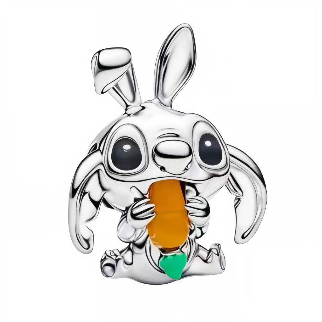 Ce charm pendentif en argent 925 (S925) montre Stitch déguisé lapin aux longues oreilles pendantes en train de croquer une carotte orange juteuse, clin d’œil aux éditions spéciales Easter Disney. Il symbolise malice gourmande, fêtes printanières et chaos mignon.

Caractéristiques :

Matière : Argent 925 (S925) avec émail fourrure, carotte orange texturée réaliste mordue.
Design : Oreilles lapin floppy, dents sorties carotte, posture vorace typique Stitch destructeur-reformé.
Compatibilité : Compatible avec 