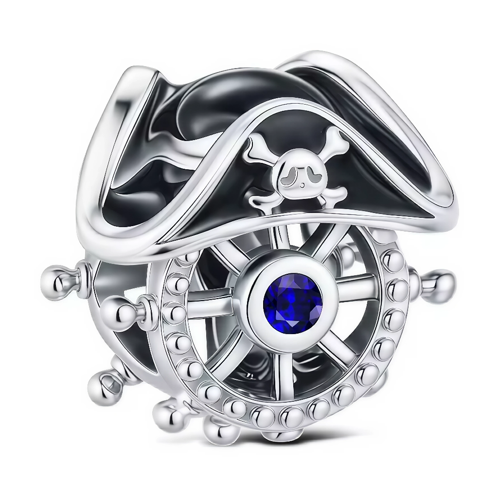 Affichez votre âme d’aventurier avec ce charm "Barreur Pirate", fusionnant la roue de navire et le célèbre chapeau de pirate orné d’une tête de mort. Conçu en argenté éclatant, il se distingue par un superbe cristal bleu façon saphir en son centre. Idéal pour ceux qui aiment les trésors marins et l’esprit libre, ce charm original et détaillé donnera un style pirate et audacieux à votre bracelet ou collier préféré.