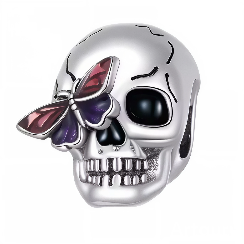Ce charm en argent 925 met en scène un crâne stylisé sublimé par un grand papillon coloré posé sur l’un de ses yeux, créant un contraste fort entre univers gothique et poésie. Il symbolise la transformation, l’acceptation du temps qui passe et la beauté qui naît du changement.

Caractéristiques :

-Matière : Argent 925/1000 massif pour le crâne, finitions lisses et zones oxydées pour accentuer les détails, ailes du papillon rehaussées d’émail coloré violet et rose.
-Design : Charm en forme de tête de mort e