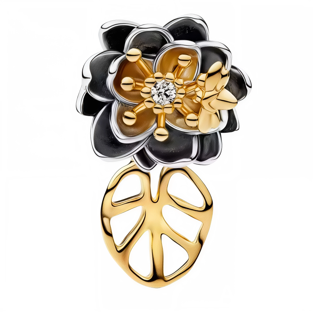 Ce charm en argent 925 dévoile fleur lotus aux pétales noirs émaillés veloutés texturés, étamines dorées centrales diamant étincelant, feuille ajourée stylisée base ondulante. Symbole pureté renaissance élégance sombre.

Caractéristiques :

Matière : Argent 925, émail noir, diamant zircone.
Design : Lotus pétales étamines feuille, bélière gracieuse.
Compatibilité : Idéal bracelets colliers charms modulables.