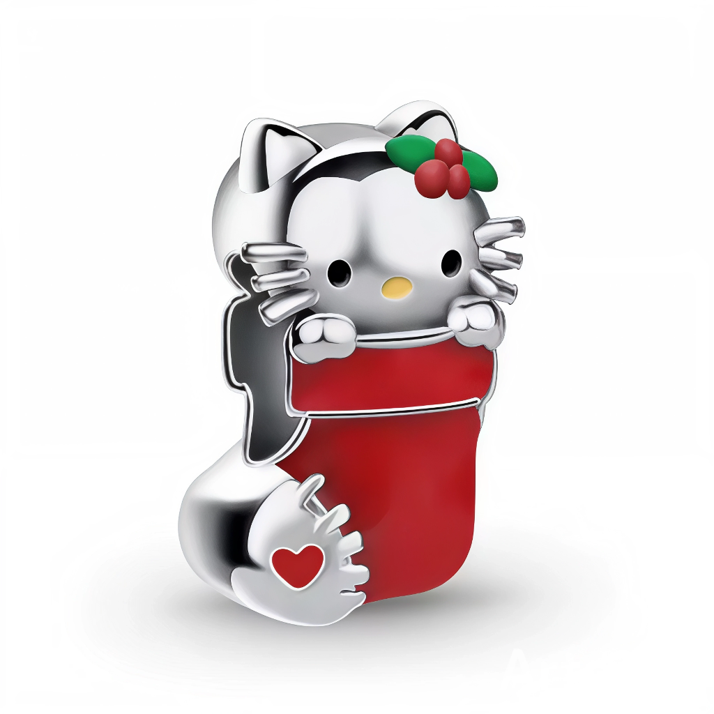 Ce charm pendentif&nbsp;festif&nbsp;met en scène Hello Kitty dans une adorable version de Noël, confortablement installée dans une botte rouge brillante façon chaussette de cheminée. On reconnaît sa petite tête ronde, ses oreilles de chat et ses moustaches emblématiques, en argent poli, avec son nez jaune minimaliste qui rappelle immédiatement l’univers kawaii de Sanrio. Sur le côté de sa tête, un motif de houx avec feuilles vertes et baies rouges apporte une touche de magie hivernale, comme si Hello Kitty 