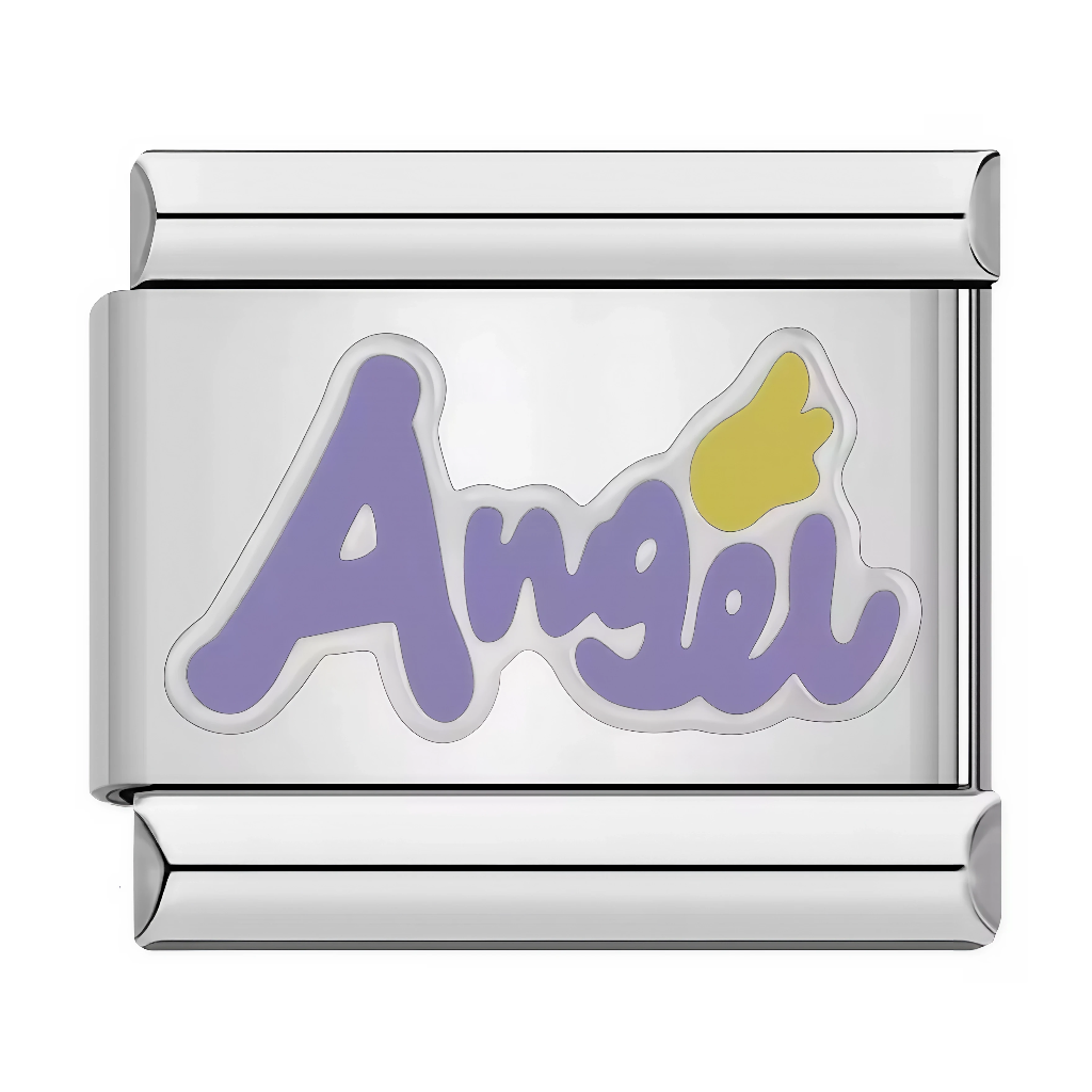 Ce charm italien affiche le mot "ANGEL" en lettres violettes élégantes et ondulées, accompagné d'une petite aile jaune douce sur fond blanc épuré. Parfait pour célébrer les anges gardiens ou ajouter une note céleste et protectrice à un bracelet à charms italien.