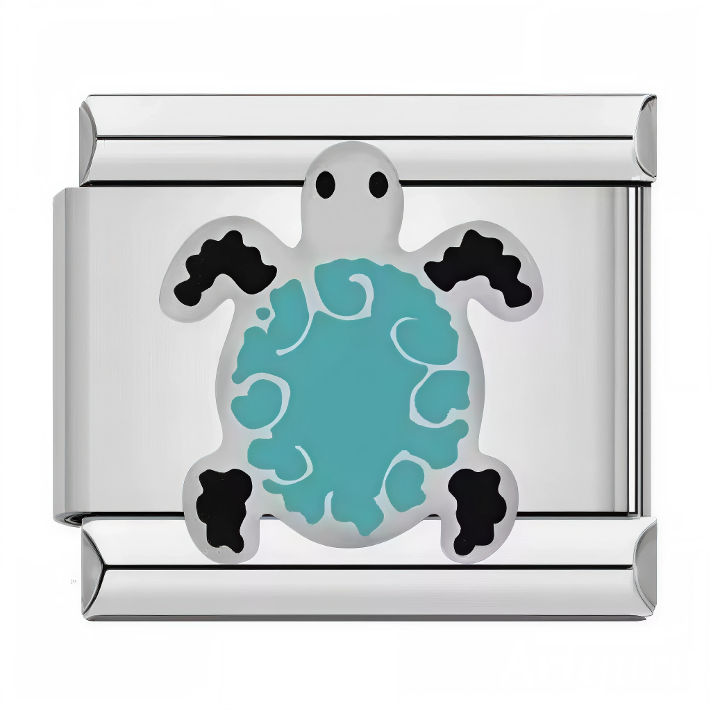 Ce charm italien en acier inoxydable argenté représente une adorable tortue avec une carapace bleu vif, symbolisant la sérénité et la longévité. Avec ses détails minutieux et sa touche de couleur éclatante, il est parfait pour apporter une note marine et apaisante à votre bracelet. Facile à fixer, il s’adapte à nos bracelets composés de 17 maillons extensibles et réglables, convenant à toutes les tailles de poignet. Compatible avec tous nos charms italiens, ce bijou est idéal pour personnaliser votre collec