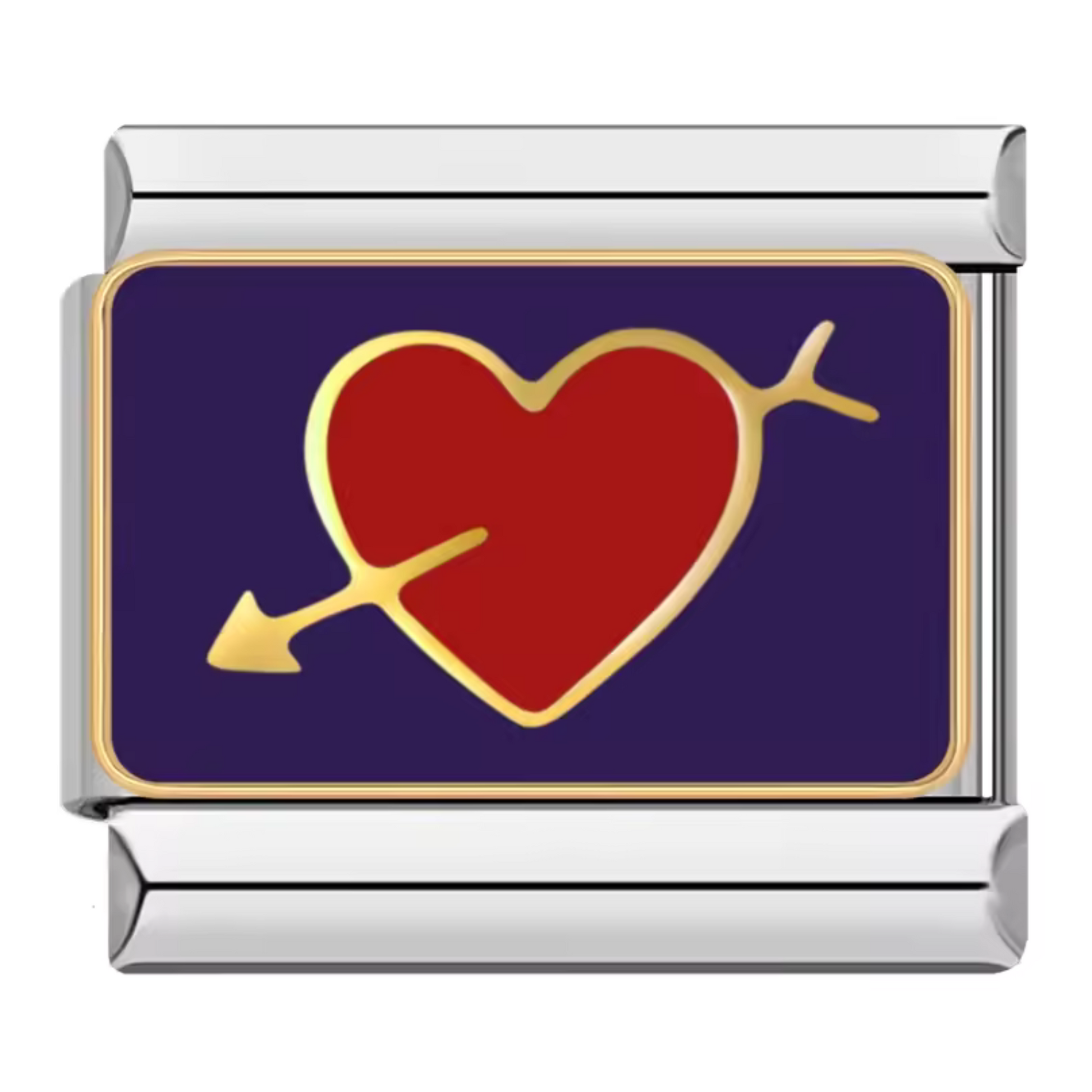 Ce charm italien en acier inoxydable argenté présente un cœur rouge vibrant transpercé par une flèche, posé sur un fond bleu éclatant. Symbole de passion et d’amour intense, ce design dynamique apporte une touche audacieuse et colorée à votre bracelet. Facile à fixer, il s’adapte parfaitement à nos bracelets composés de 17 maillons extensibles et réglables, convenant à toutes les tailles de poignet. Compatible avec tous nos charms italiens