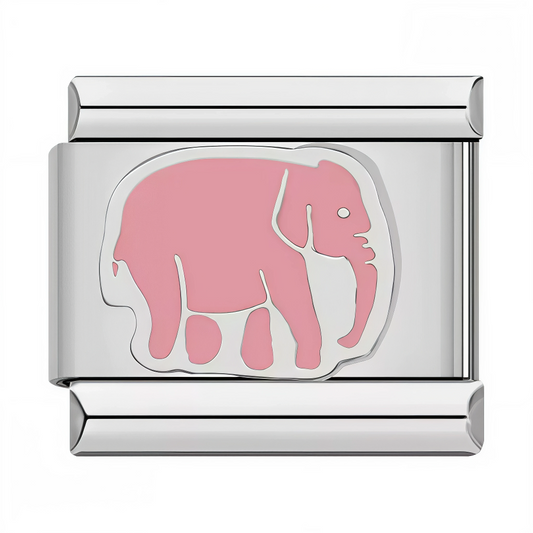 Ce charm italien en acier inoxydable argenté met en scène un adorable éléphant rose, symbole de douceur et de chance. Avec ses détails soignés et sa touche de couleur vive, il apporte une note joyeuse et originale à votre bracelet. Facile à fixer, il s’adapte parfaitement à nos bracelets composés de 17 maillons extensibles et réglables, convenant à toutes les tailles de poignet. Compatible avec tous nos charms italiens, ce bijou est idéal pour personnaliser votre bracelet avec une touche tendre et porte-bon