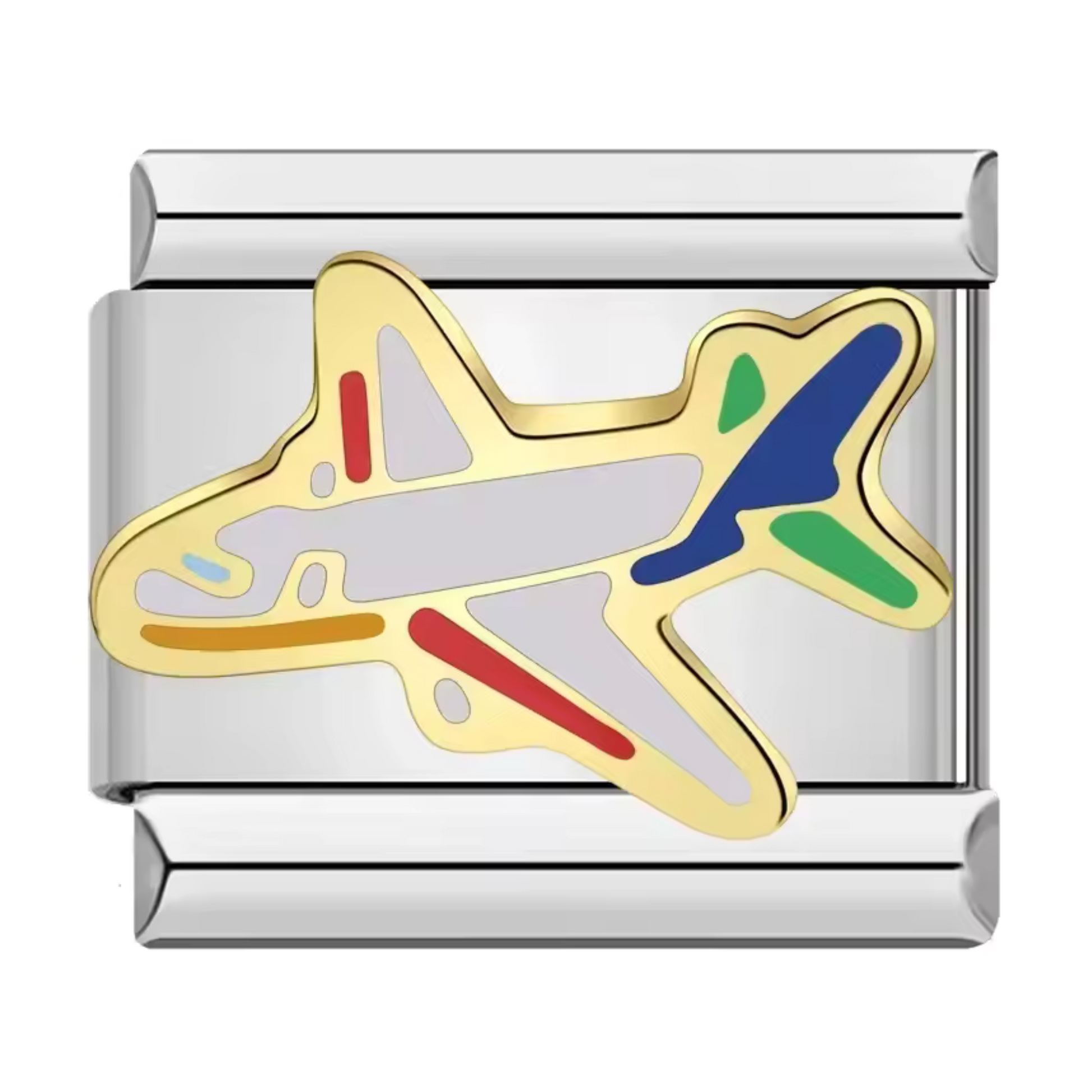 Ce charm italien argenté représente un avion finement détaillé, parfait pour symboliser l’amour du voyage et de l’aventure. Fabriqué en acier inoxydable de haute qualité, il allie robustesse et élégance pour un rendu moderne et intemporel. Facile à fixer, il s’adapte parfaitement à nos bracelets composés de 17 maillons extensibles et réglables, convenant à toutes les tailles de poignet. Compatible avec tous nos charms italiens
