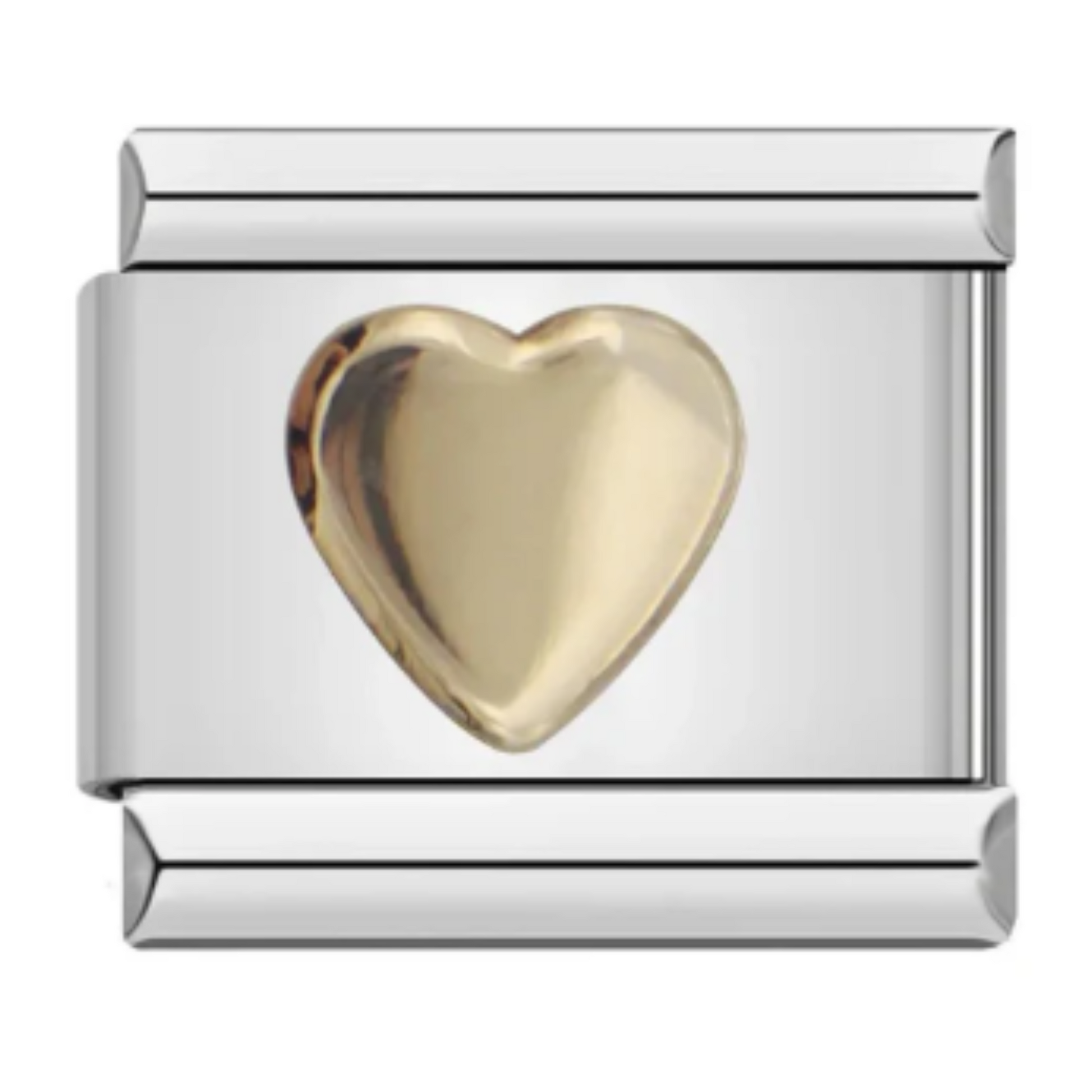 Ce charm italien en acier inoxydable argenté est orné d’un élégant cœur doré au centre, symbole intemporel d’amour et de raffinement. Avec sa finition bicolore soignée, il apporte une touche romantique et chic à votre bracelet. Facile à fixer, il s’adapte parfaitement à nos bracelets composés de 17 maillons extensibles et réglables, convenant à toutes les tailles de poignet.