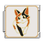 Ce charm italien met en vedette un chat tricolore (calico) aux tons orange, noir et blanc, avec grands yeux curieux et expression attendrissante sur fond blanc épuré. Parfait pour les passionnés de chats uniques qui veulent embellir leur bracelet à charms italien d'un portrait charmant et coloré.