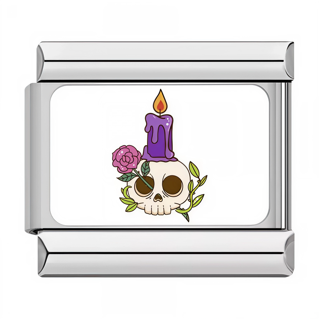 Ce charm italien unique illumine votre collection avec un motif de crâne orné d’une bougie violette et décoré d’une rose rose, entouré de feuillage finement travaillé. Cet accessoire mêle esprit mystique, inspiration halloween et douceur florale, parfait pour personnaliser un bracelet à charms italien. Sa plaque argentée met en valeur le dessin coloré, pour une touche originale et poétique, idéale en toute saison pour affirmer son style.

Caractéristiques

Matière : Acier inoxydable argenté, émail coloré
De