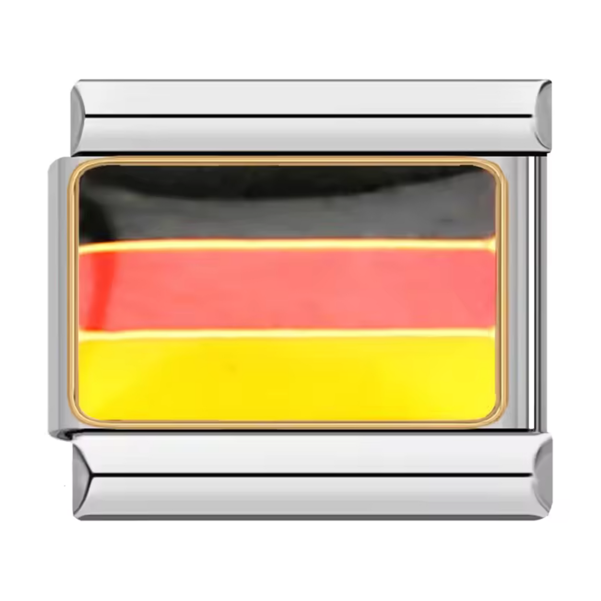 Ce charm italien argenté arbore fièrement le drapeau de l’Allemagne, symbole de culture et de fierté nationale. Fabriqué en acier inoxydable de haute qualité, il allie robustesse et détails colorés pour un rendu élégant et authentique. Facile à fixer, il s’adapte parfaitement à nos bracelets composés de 17 maillons extensibles et réglables, convenant à toutes les tailles de poignet. Compatible avec tous nos charms italiens, ce bijou est idéal pour personnaliser votre bracelet avec une touche allemande et mo