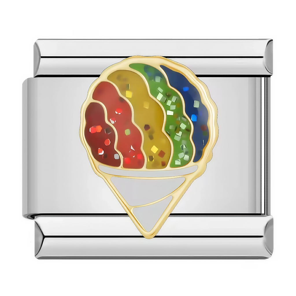 Ce charm italien met en avant une glace colorée façon sorbet arc-en-ciel, avec des vagues de rouge, jaune, vert et bleu parsemées de petits éclats brillants, le tout souligné par un contour doré chaleureux. Parfait pour les amoureux de l’été, des gourmandises et des looks fun qui veulent ajouter une touche de couleur joyeuse à leur bracelet à charms italien.