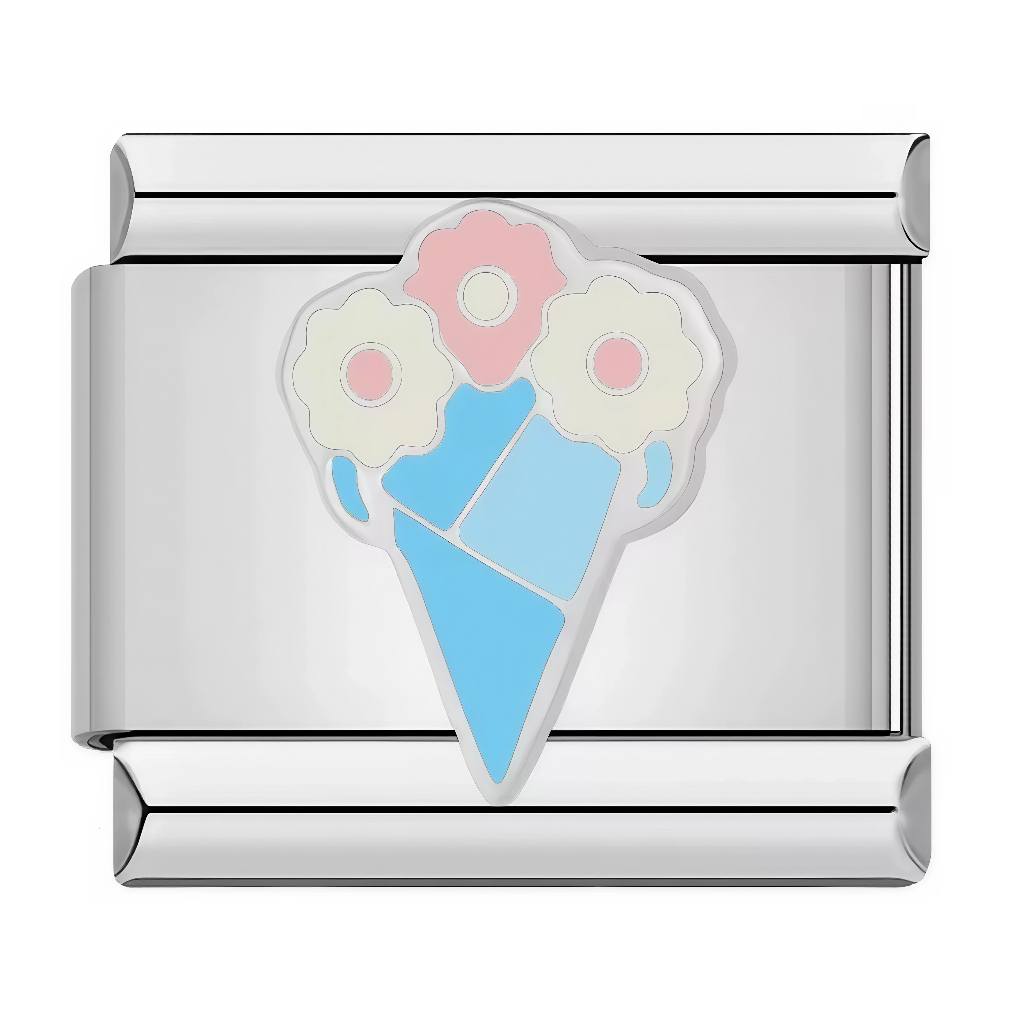 Ce charm italien fusionne une glace bleue cornée surmontée d'un bouquet de fleurs roses et blanches, pour un dessert floral ultra-mignon et printanier. Le design pastel kawaii en fait un bijou rafraîchissant et joyeux à porter sur un bracelet à charms italien, idéal pour les amoureuses de sucré-salé.