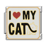 Ce charm italien proclame "I Love My Cat" avec un cœur rouge vibrant, lettres noires audacieuses sur fond blanc et un chaton mignon aux motifs tachetés et queue courbée. Idéal pour les propriétaires de chats fiers de montrer leur amour inconditionnel sur un bracelet à charms italien.