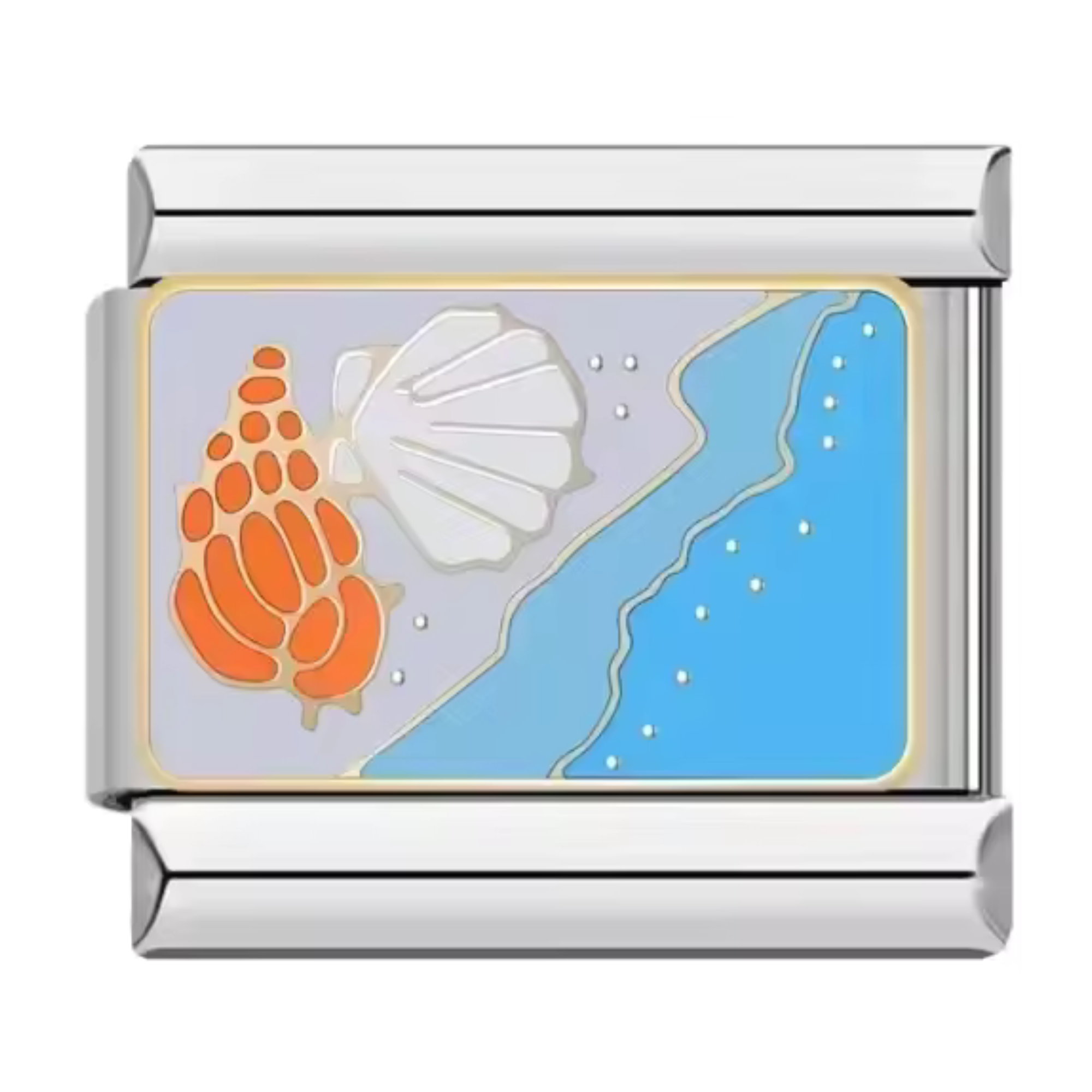 Ce charm italien argenté représente une scène apaisante de mer et de plage avec un délicat coquillage posé sur le sable, symbole d’évasion et de vacances. Fabriqué en acier inoxydable de haute qualité, il combine robustesse et détails soignés pour un rendu élégant et estival. Facile à fixer, il s’adapte parfaitement à nos bracelets composés de 17 maillons extensibles et réglables, convenant à toutes les tailles de poignet. Compatible avec tous nos charms italiens, ce bijou marin est idéal pour personnaliser