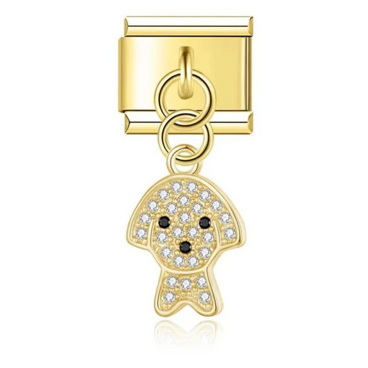 Ce charm italien pendentif représente un chien délicatement orné de détails brillants, symbole de loyauté et de complicité. Fabriqué en acier inoxydable de haute qualité, il allie robustesse et éclat grâce à ses finitions scintillantes. Facile à fixer, il s’adapte parfaitement à nos bracelets composés de 17 maillons extensibles et réglables, convenant à toutes les tailles de poignet. Compatible avec tous nos charms italiens, ce bijou étincelant est idéal pour personnaliser votre bracelet avec une touche aff