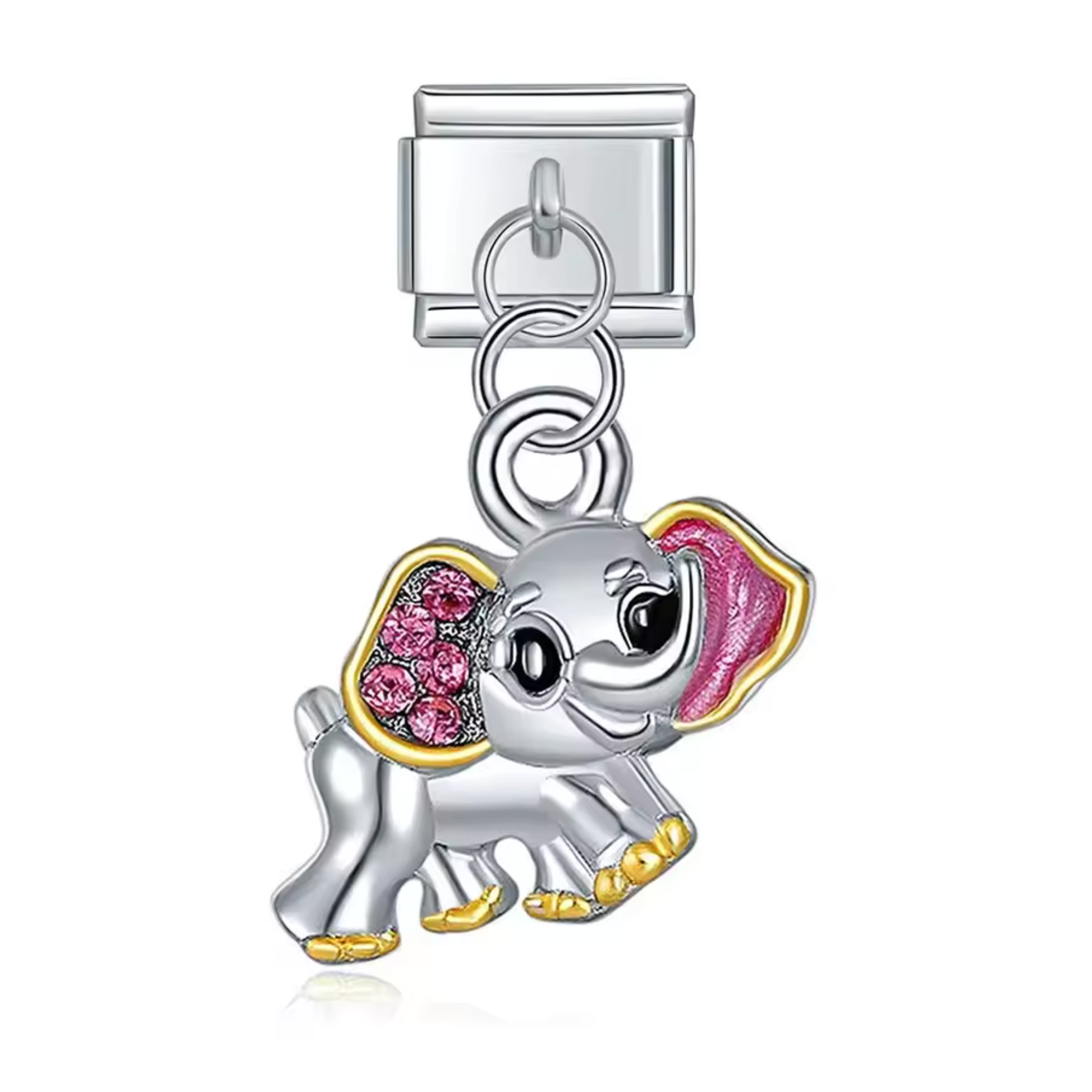 Ce charm italien en pendentif argenté met en valeur un éléphant délicat avec une oreille ornée d’un éclat rose brillant, symbole de sagesse et de douceur. Son design soigné et ses détails étincelants apportent une touche raffinée et unique à votre bracelet. Facile à fixer, il s’adapte parfaitement à nos bracelets composés de 17 maillons extensibles et réglables, convenant à toutes les tailles de poignet. Compatible avec tous nos charms italiens, ce bijou est parfait pour personnaliser votre bracelet avec un