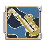 Ce charm italien capture un saxophone alto jaune-or avec pavillons et anche détaillés, intégré dans un fond bleu foncé-noir ondulé évoquant le jazz. Idéal pour les saxophonistes et fans de jazz qui veulent un groove sophistiqué sur leur bracelet à charms italien.