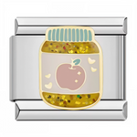 Ce charm italien présente un pot de confiture doré scintillant rempli de paillettes jaunes et colorées, étiquette ornée d'une pomme rose étoilée avec petites étoiles pour une gourmandise automnale kawaii et appétissante. Idéal pour les gourmands et fans de motifs fruités qui veulent un soupçon de douceur maison sur leur bracelet à charms italien.