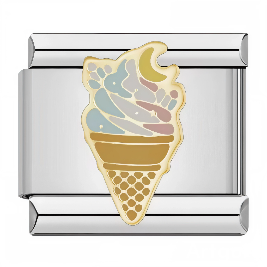 Ce charm italien dépeint une glace onctueuse aux tons pastel bleu, violet et rose, couronnée d'une lune courbée dans la crème, sur un cornet doré texturé pour une douceur cosmique et gourmande irrésistible. Parfait pour les gourmands rêveurs et fans de desserts féeriques qui veulent rafraîchir leur bracelet à charms italien d'une touche lunaire sucrée.
