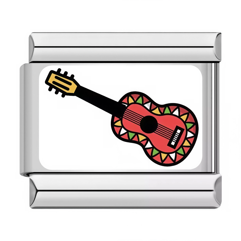 Ce charm italien illustre une guitare acoustique rouge vif aux motifs traditionnels verts, jaunes et noirs en zigzags inspirés du folklore mexicain, manche et tête dorés pour un son passionné et vibrant. Idéal pour les mélomanes, fans de musique latine et de culture fiesta qui veulent faire chanter leur bracelet à charms italien.