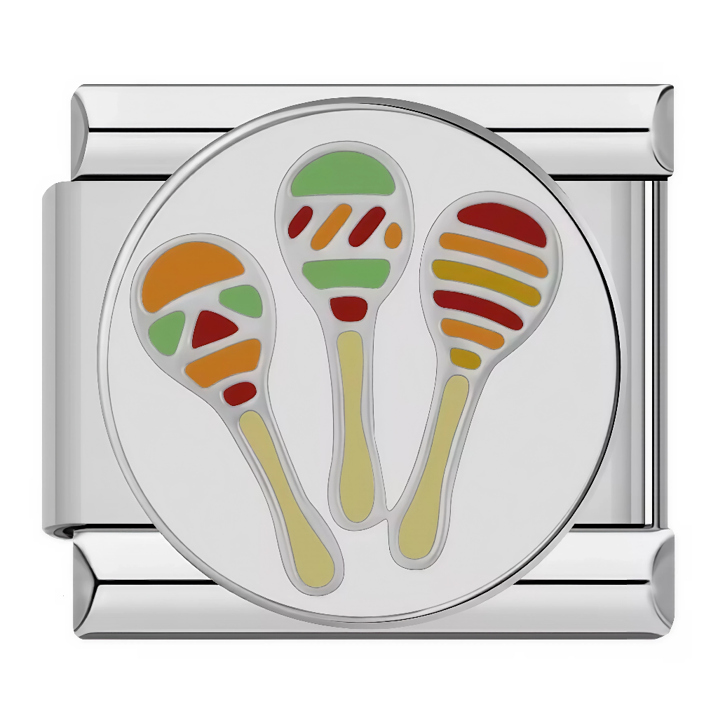 Ce charm italien affiche&nbsp;trois maracas multicolores (orange, rouge, verte) avec manches beiges, disposées en cercle sur fond blanc. Ce motif festif est parfait pour les amateurs de musique latine ou de fêtes qui veulent du rythme sur leur bracelet à charms italien.