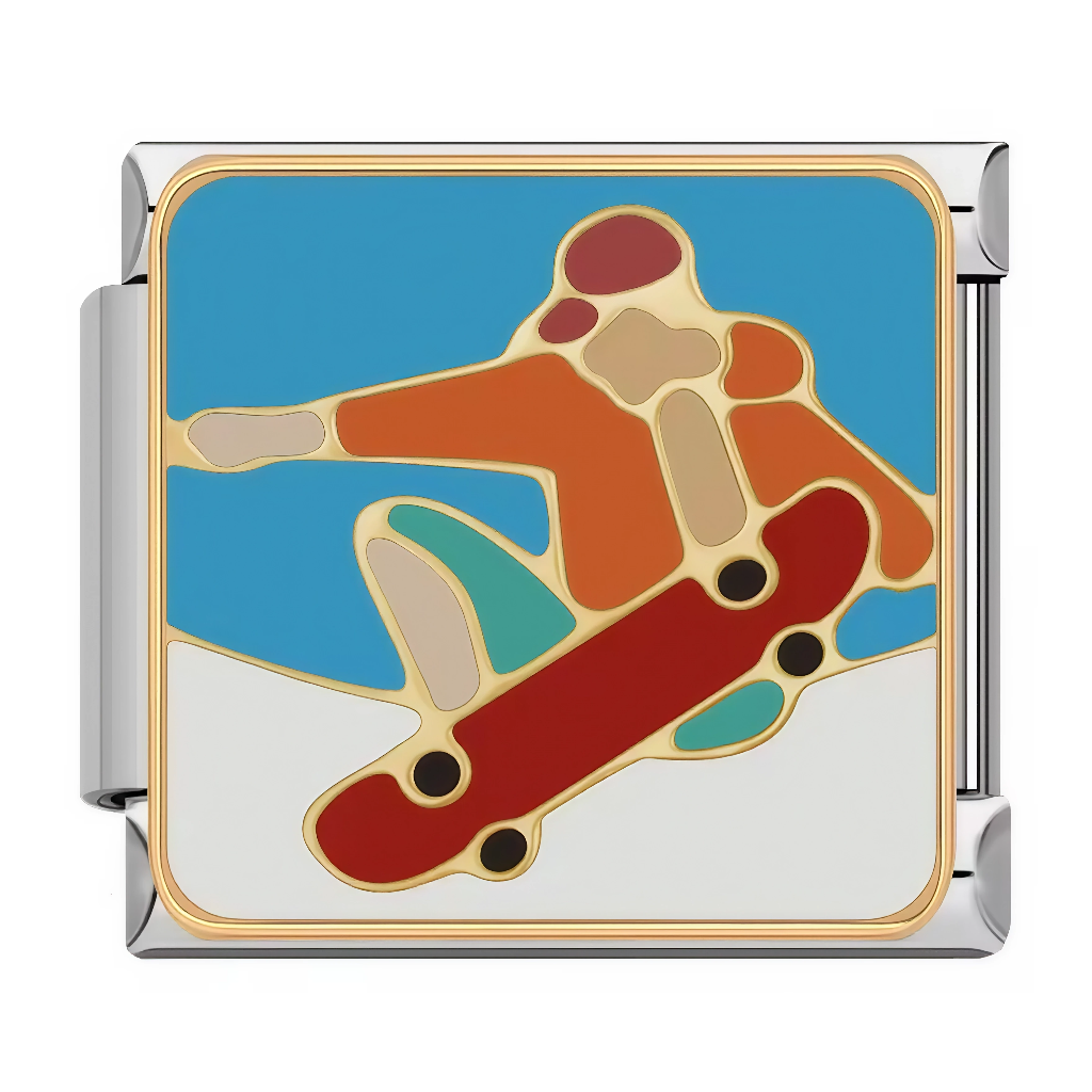 Ce charm italien capture un&nbsp;snowboardeur en plein saut, avec une planche rouge sous les pieds sur fond bleu clair et blanc évoquant la neige. Ce design dynamique est idéal pour les amateurs de sports d’hiver ou de glisse qui veulent afficher leur passion sur un bracelet à charms italien.