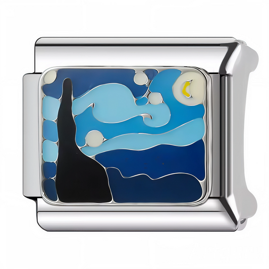 Charm pendentif italien en argent 925 inspiré du célèbre tableau La Nuit Étoilée de Vincent Van Gogh, représentant les tourbillons lumineux et le ciel étoilé avec des détails soignés et raffinés.

Caractéristiques
– Métal : argent 925
– Design : inspiration La Nuit Étoilée de Vincent Van Gogh
– Type : pendentif
– Finition soignée et artistique