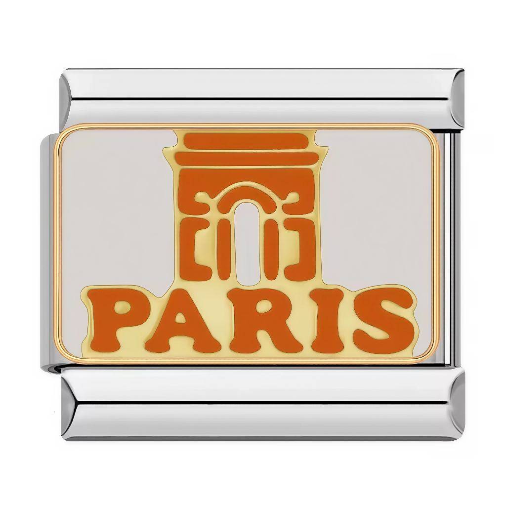 Ce charm italien affiche l’Arc de Triomphe&nbsp;emblématique de Paris en orange-orangé, surmonté du mot&nbsp;“PARIS” en lettres bulle orange sur fond blanc. Ce symbole parisien est parfait pour les amoureux de la capitale française qui veulent un souvenir chic sur leur bracelet à charms italien.